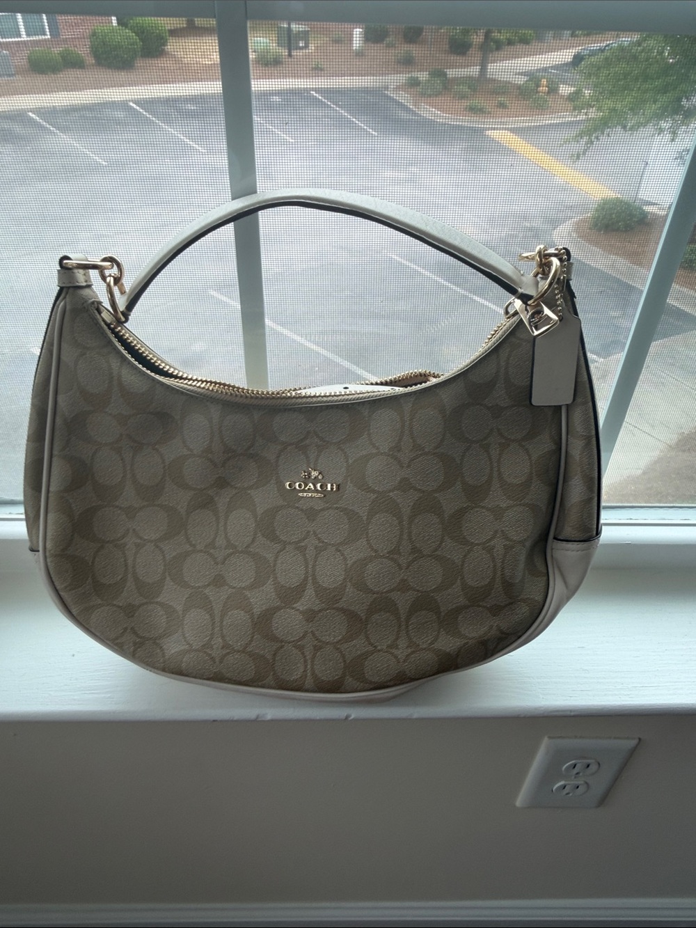 Coach Signature Shoulder Bag in Khaki and Cream with Gold Hardware